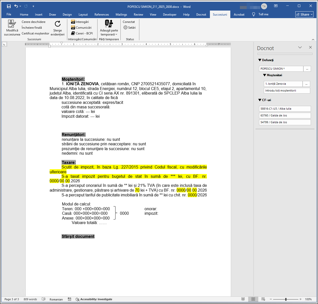 Document Word pentru succesiune generat în Docnot